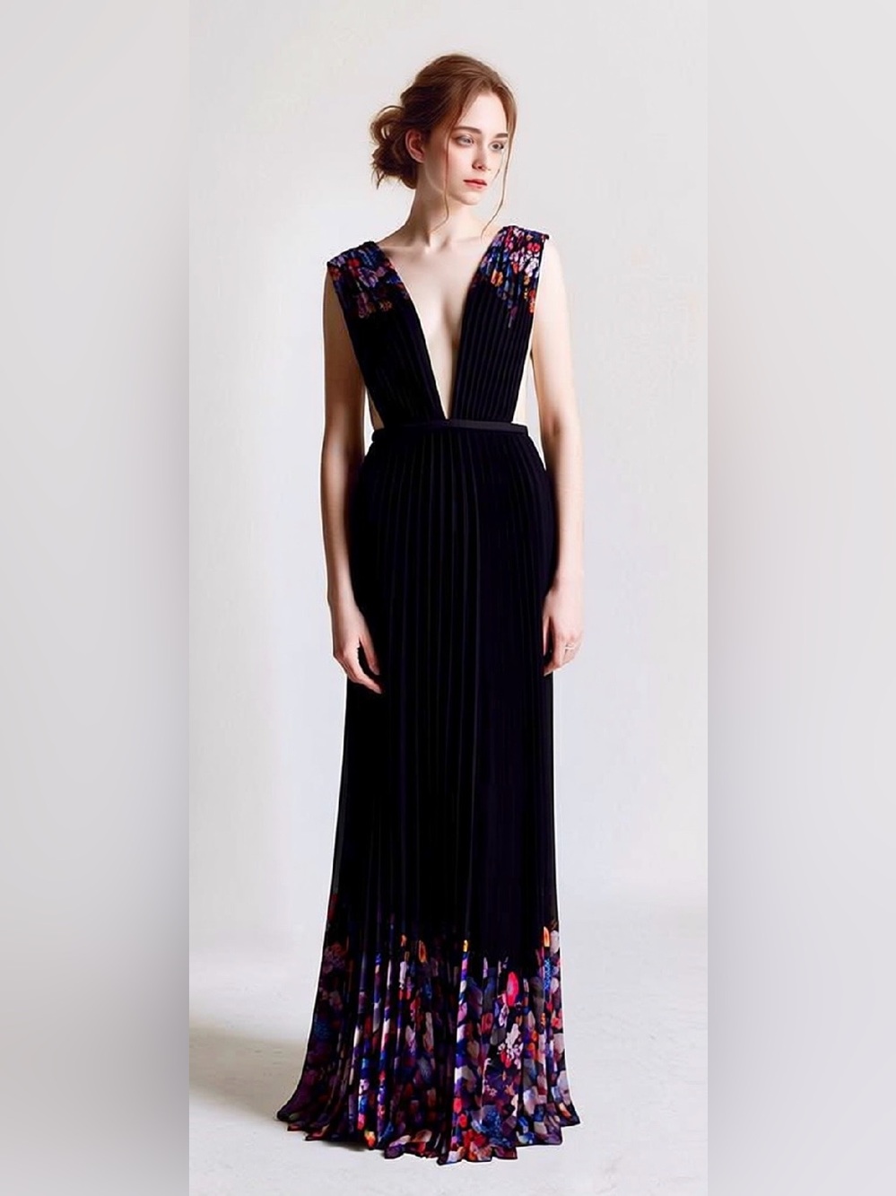 bebe Black Maxi Dress with Deep V and Floral Trim